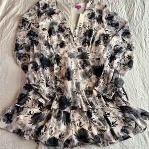 Francesca's Collections Black and White Floral Mini Romper